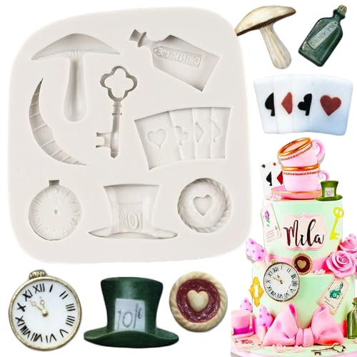 Alice in Wonderland Hat Playing Cards Silicone Molds Poker Fondant Mold for Cake Decoration Chocolate Cupcake Topper Candy Sugar Craft Polymer Clay Gum Paste