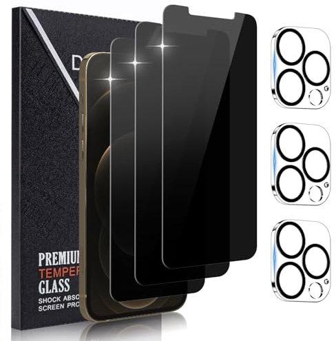 Didisky Lot de 3 Protecteur Verre Trempé Anti-Espion pour iPhone 12 Pro 6,1'', et Lot de 3 Caméra Arrière Protecteur, Anti Rayures, Dureté 9H, Pas de Bulles