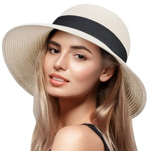 VIFUUR Damen Strohhüte Breiter Rand Sommervisier Strand Sonnenhut Verpackbare UPF UV Faltbare Reise Pure Beige L/XL