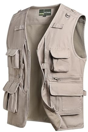 MeiLayM Herren Outdoor Weste Anglerweste mit Multi-Taschened Sommer Freizeit Baumwolle Weste Hundeweste Leicht Safari Weste Fotografie Weste Camping Wandern Ärmellos Jacke Beige,XL