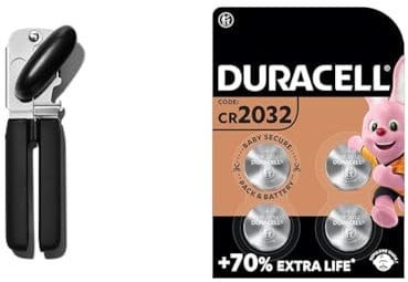 OXO Good Grips Soft Handled Tin Opener & DURACELL 2032 Lithium Coin Batteries 3V (4 Pack) - Up to 70% Extra Life - Baby Secure Technology