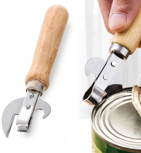 1 Pezzi Manuale in Ferro per Rimuovere Lattine con Manico in Legno Apriscatole Professionale 2 in 1(Argento)
