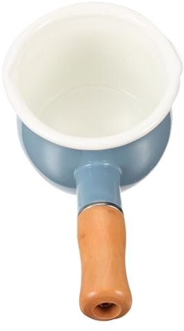 GRIRIW Enamel Milk Pot 10cm Non-Stick Mini Baby Food Cooking Pot Sturdy Milk Heating Saucepan Wooden Handle for Household Kitchen Use