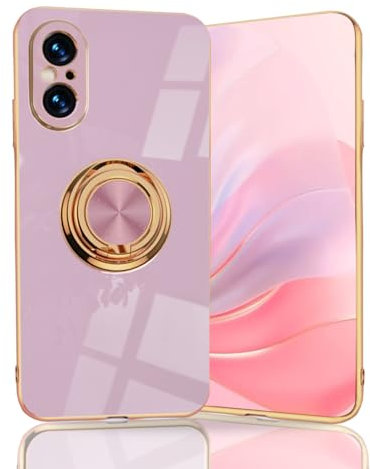 BORYA Ultra Dünn Hülle für Sony Xperia 5 V, Stoßfest Handyhülle, TPU Bumper Weiches Silikon Schutzhülle mit Galvanisieren Goldkante 360°Ring Ständer, Violett