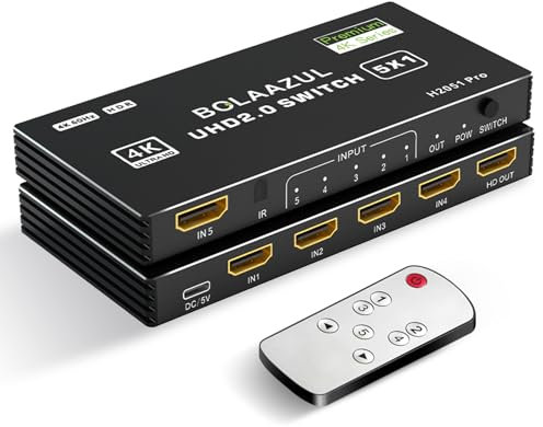 BolAAzuL Switch HDMI 5 in 1 - 4K a 60Hz, hub di espansione porta HDMI con telecomando per 5 ingressi, supporta 3D, HDCP2.2, HDR per PS5/PS4 Pro/PS4, Xbox Series X/S, Apple TV