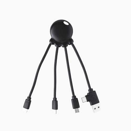 Câble Multi USB 4 en 1 en Forme de Pieuvre - Chargeur Universel en Plastique Recyclé issue des Océans - Prise USB, USB-C, Lightning, Micro USB - Compatible avec tous les Smartphone - Octopus OBP Noir