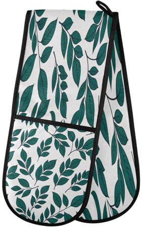 Green Leaves - Guanti da forno doppi lunghi, resistenti al calore, trapuntati, per cucina, presina extra lunga, 17,8 x 88,9 cm, per cucinare, forno a microonde, grigliare e barbecue