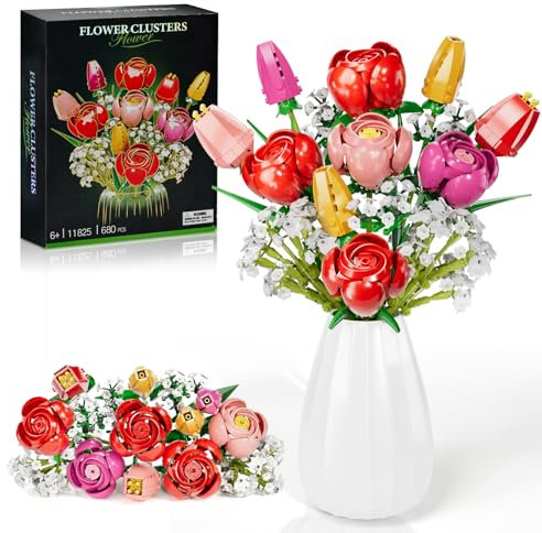 Flower Bouquet Building Set, Rose Tulips Flower Bouquet Building Kit, Roses Artificial Flowers Botanical Collection for Adults, Kids, Gifts for Valentine Christmas Mother's Day