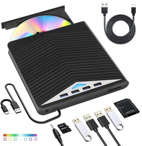 7 in 1 External Blu-ray Drive, New Slim External Blu Ray Drive USB 3.0 & Type-C DVD/BD Player Blu Ray Burner Writer, Portable 3D CD DVD Burner Optical Bluray Drive for Laptop Desktop Windows 11 10 8 7