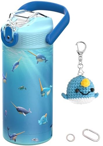 MYFOREST 400 ml Bouteille d'eau isotherme pour enfant, acier chirurgical, motif original haute résolution, compatible lave-vaisselle, badge nominatif, mousquetons (Océan, Narvals bleus)