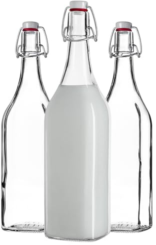 KADAX Lot de 3 Bouteilles en Verre 1L à Fermeture mécanique – Grandes Bouteilles à Fermeture mécanique à remplir pour jus, vin et Kombucha