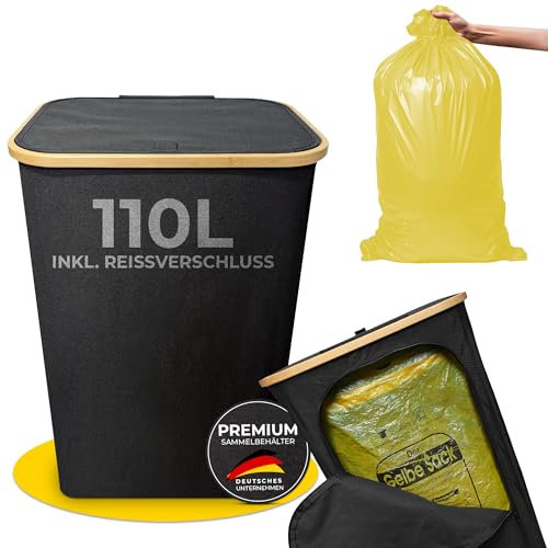 Gelber Sack Ständer 110L | Leichte Entnahme durch Reißverschluss auf der Rückseite | Extra für gelbe Säcke I Gelber Sack Mülleimer I Behälter gelbe Säcke für Küche & Haushalt