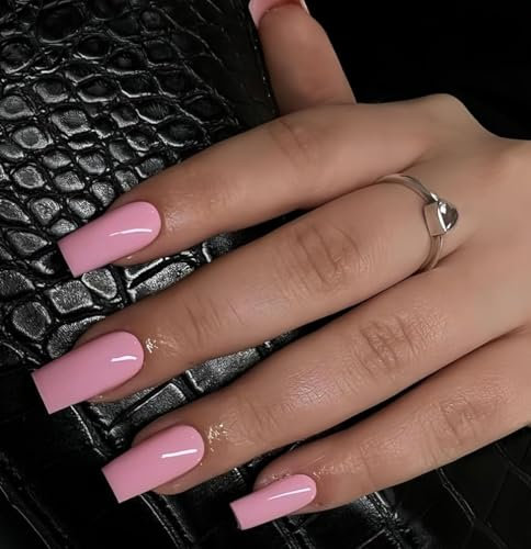 KQueenest Baby Pink Press on Nails Long Square, Light Pink False Nails Long Medium Coffin, Glossy Natural Solid Fake Nails Set, Reusable Gel Stick on Nail for Women Finger Daily Wear 24 Pcs