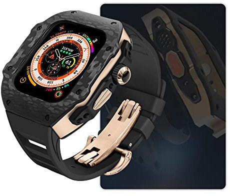 Case de reloj de fibra de carbono y kit de modernización de correa de fluororrubber, compatible con Apple Watch Ultra 9 8 7 6 5 4 SE 44mm 45 mm 49 mm Ratio de reemplazo Banda y estuche de reloj