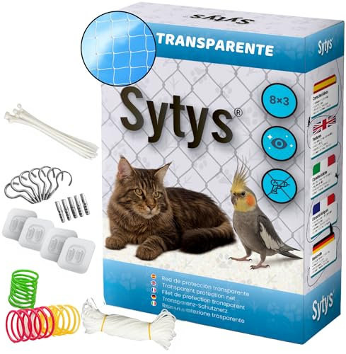 Filet pour Chat Transparent (8×3 m) pour Balcon sans perçage avec Crochets adhésifs & 4 Jouets I Filet de Protection sécurisé et Discret pour Balcon, fenêtre & terrasse