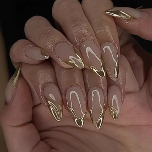 LunarCharm 24 gold French tip press-on nails, medium almond-shaped artificial nails with design, glossy gold chrome acrylic nails for adhesive application