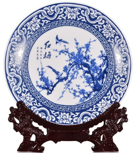 OJIJO Plato Colgante de Porcelana Azul y Blanca de 26 x 31 cm, Elegante decoración for el hogar con diseño de Flor de Ciruelo, 1 Pieza