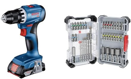 Bosch Professional 18V System Akku Bohrschrauber GSR 18V-45 (inkl. 2x 3.0Ah Akku, Schnellladegerät GAL 18V-40) + 35x Extra Hard Schrauberbit‑ und CYL-3 Bohrer-Set (197 x 110,5 mm)