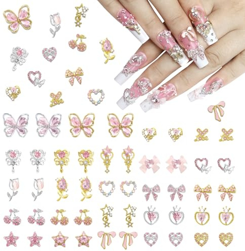 Laza Nagel Charms, Y2K Legierung, Nagel Strasssteine, 3D-Herz, Stern | Schmetterling, Tulpen, Kirschrosa, Schleife, Schmuck,glänzende Strasssteine, Nageldekoration, Zubehör für Nageldesign