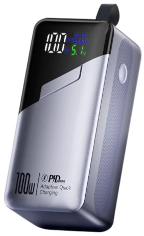 Batterie Externe Mince 20 000 mAh pour Ordinateur Portable, Chargeur Portable 100 W avec câble intégré, Batterie Externe à Charge rapide PD avec écran Intelligent pour MacBook Pro(Color:argent)