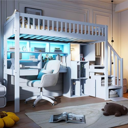 EURHCIO Lit Mezzanine 1 Place,Lit Mezzanine Enfant 90x200 avec Éclairage LED Réglable,Bureau,Étagères,Échelle de Rangement,Haute Barrière de lit,pour Enfants Adolescents (Blanc, 90x200)