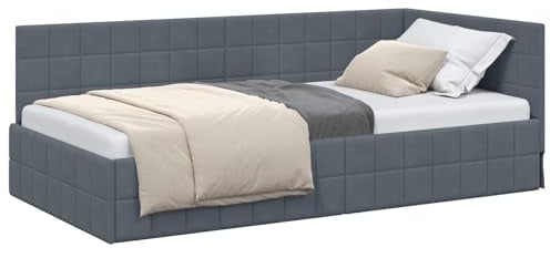 vidaXL Eckbettgestell mit Kopfteil Dunkelgrau 90 cm x 200 cm Samt, Elegantes Schlafzimmer, moderner Plüschbettgestell, platzsparend, vielseitiges Eck-Liegebett, langlebiges Möbel