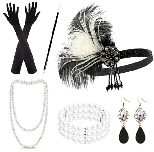 20er Jahre Accessoires Zubehör Set Great Gatsby Party mit Haarreif aus schwarzem weißem Feder-Patchwork Handschuhe Kunststoffröhrchen Ohrringe Halskette Armband für Abschlussball Halloween Neujahr