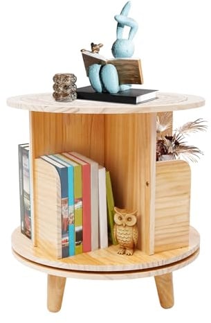 Babeenoo Drehregal Bücherregal Massivholz Standregal mit Beinen 360° Rotierendes Standregal aus Holz Drehbares Bookshelf für Bücher, Pflanzen, Deko, Wohnzimmer, Büro