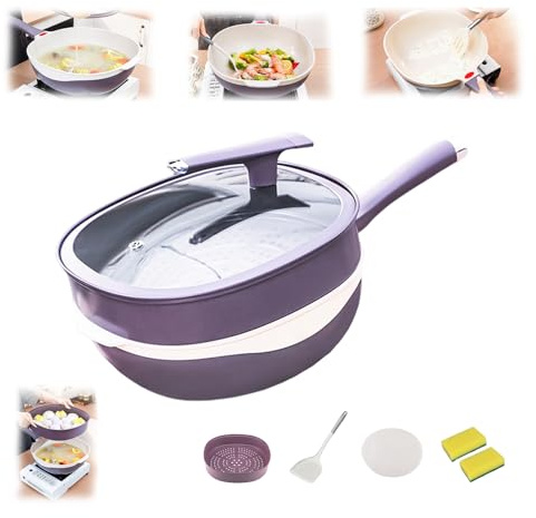 STARHMLUX Juego De Ollas Y Sartenes Moradas Con Vaporera, Olla Antiadherente De Aleación De Titanio De 12 Pulgadas Con Tapa, Sartenes De Titanio Para Cocinar, Freír Y Hacer Sopa purple
