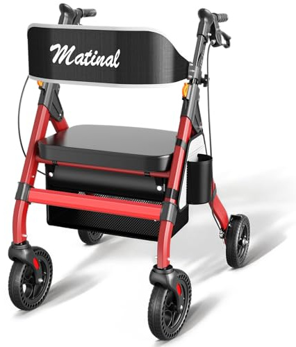 Matinal Faltbarer Rollator für Senioren Outdoor, Tragkraft bis 200kg, Rot | 20cm Gummireifen für jedes Gelände, Rollator für den Außenbereich aus Aluminiumlegierung mit breitem, höhenverstellbarem Sitz