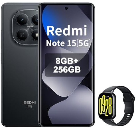 XIAOMI Redmi Note 15 5G - Smartphone con 8+256 GB, display AMOLED FHD+ da 6,77, Snapdragon 6 Gen 3, fotocamera da 108 MP, batteria da 5520 mAh, nero, incluso Smart Watch