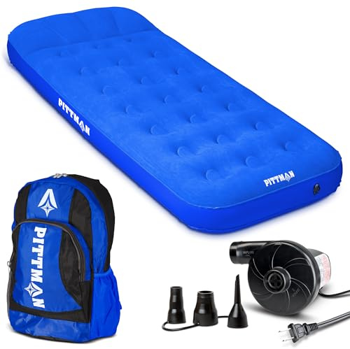 Pittman Outdoors - Kids Air Mattress - Blue Deluxe Blow up Twin Air Mattress for Kids - Inflatable Mattress Includes Electric Pump, Patch Kit & Color Matching Travel Backpack