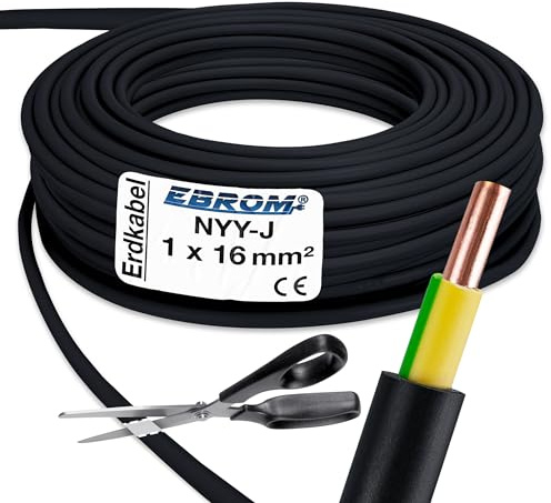 EBROM SAT Erdungskabel NYY-J 1x16 mm² Satellit Erdung, schwarz, 30 Meter | 5 m bis 100 m - 1x16 mm2 - Außenmantel: schwarz - Innenummantelung: grün gelb - Erdungskabel für Satellitenanlage Blitzschutz