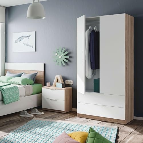 Miroytengo Pack de Muebles de Dormitorio Juvenil Luca en Color Blanco y Roble Canadian formado por Armario, Cabecero y Mesita