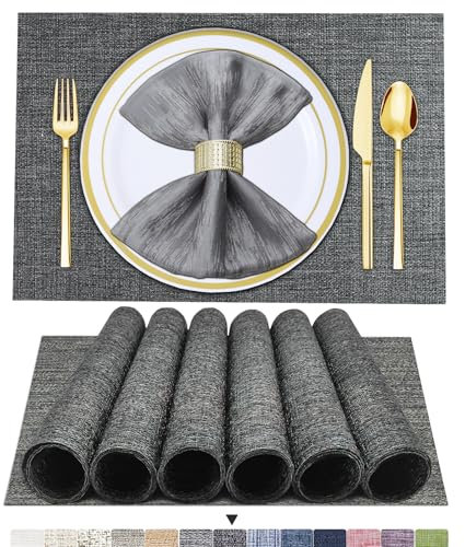 BETEAM Platzsets Abwaschbar 6er Set Vinyl Tischsets für Esstisch Waschbar Küchen Platzdecken Langlebige Tischsets für Drinnen Draußen-001 Dunkel Grau, 6er Set