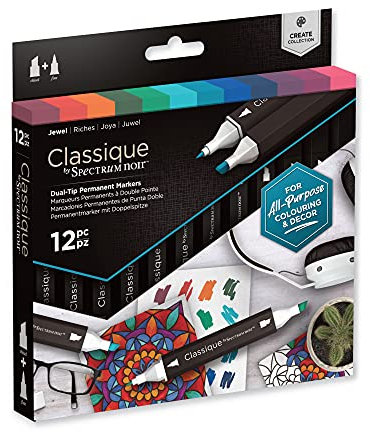 Crafter's Companion Spectrum Noir Classique Blend Twin Tip Blendable Alcohol Based Marker Set with Japanese Nibs - Pack of 12 - Perfect for Colouring, Drawing & Illustration (Jewel Pack)
