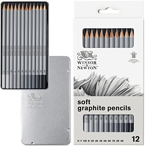 Winsor & Newton 0490007 Graphitstifte Set in 12 Härten H, F, HB, B, 2B, 3B, 4B, 5B, 6B, 7B, 8B und 9B
