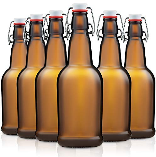 Glass Swing Top Beer Bottles - 6 Pack (474ml) Grolsch Bottles with Flip Top Airtight Lid, for Carbonated Drinks, Kombucha, 2nd Fermentation, Water Kefir, Brewing Bottle. (Amber)