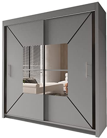 INTERWOOD Modern center Mirror Sliding Doors Wardrobe, featuring double sliding Doors, Hanging Rails & Adjustable Shelves, Space Saving solutions for Bedroom furniture in Matt finish 203cm(grey)