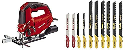 Einhell Stichsäge TC-JS 85 (620 W, max. 85 mm, 45° Schrägschnitt, Hubzahlregelung, 4-Stufen Pendelhub, Absaugadapter, Parallelanschlag, Koffer, inkl. 10-tlg. T-Schaft Sägeblatt-Set)