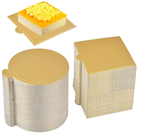 NA 200PCS Mousse Cake Boards,Reusable Gold Mini Cake Dessert Display Tray,Cake Drum Cardboard Cake Base Paper Plates Dessert Base for Wedding Birthday ( Round+Square)