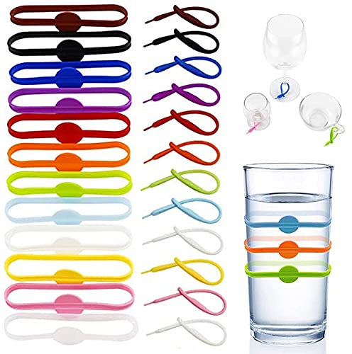 Lostwry 24PCS Marcadores de Copas de Vino, Silicona Marcador De Vidrio Encantos De Copa De Vino Reutilizables Identificador de Vasos para Copa para Bar Fiesta, Tazas Decoración