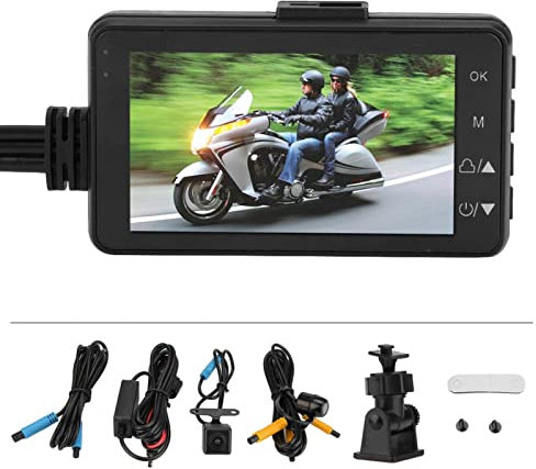Longzhuo 3 LCD Motorcycle Dash Cam Front & Rear 1080P + 480P, IP68 Waterproof Motorbike Camera with 120 Degrees Wide Angle, Dual Lens Loop Recording, Built-in Mic & UK Power (5V 2A)