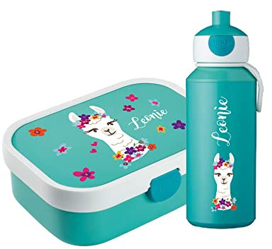 4you DESIGN Brotdose - Trinkflasche Set Alpaka mit Namen | Campus mit Bento-Box & Gabel | Ohne Weichmacher BPA | Brotdose mit Fächern für Kindergarten und Schule | Türkis, 750ml Box 400ml Flasche