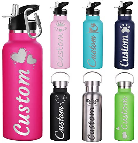 WBgjsnklbnl Personalised Stainless Steel Water Bottle with Straw Custom Insulated Water Bottles Bulk Engraved Name Logo for Women Men Sport-Deep Pink