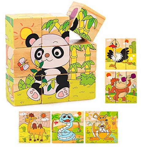 Würfelpuzzle, 3D Bildwürfel Puzzle Spiele 6 in 1 Tier-Motive Holzpuzzle,Motorikspielzeug, Holzpuzzle mit 6 Wildtier-Motiven,Montessori Vorschule Lernspielzeug