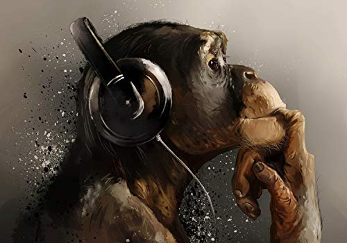 wandmotiv24 Fototapete Affe Schimpanse Kopfhörer, 300 x 210 cm - selbstklebende Vliestapete 150g, Wanddeko, Wandbild, Wandtapete, Illustration Musik braun Gemälde M6540