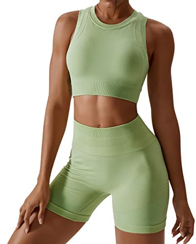 Odizli Gym Set Damen Zweiteiler Frauen Sport BH Oberteile Crop Tops+High Waist Shorts Workout Outfit Yoga Kleidung Sportanzug Sportkleidung Fitness Bekleidung Sportsachen Trainingsanzug Grün Shorts M