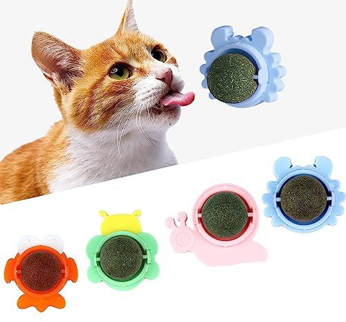 contailKY 4 Stück Katzenminze Bälle Spielzeug für Katzen, Natürliche Catnip Wall Balls Toys, Drehbare Essbare Katzenminze Leckbälle Leckereien für die Zahnreinigung von Kätzchen