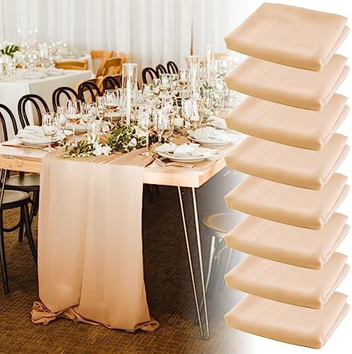 8 Stück Tischläufer Champagner Gold Chiffon Musselin Tischläufer Tischdeko, 72 x 304 cm Lang,Sehr Dünner Chiffon Waschbar Dekostoff für Geburtstage, Kommunion, Feier,Party Dekoration
